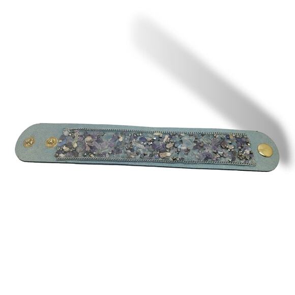 New Blue Suede Leather Tumbled Amethyst Moonstone Quartz Hematite Bracelet 7" - Picture 2 of 7